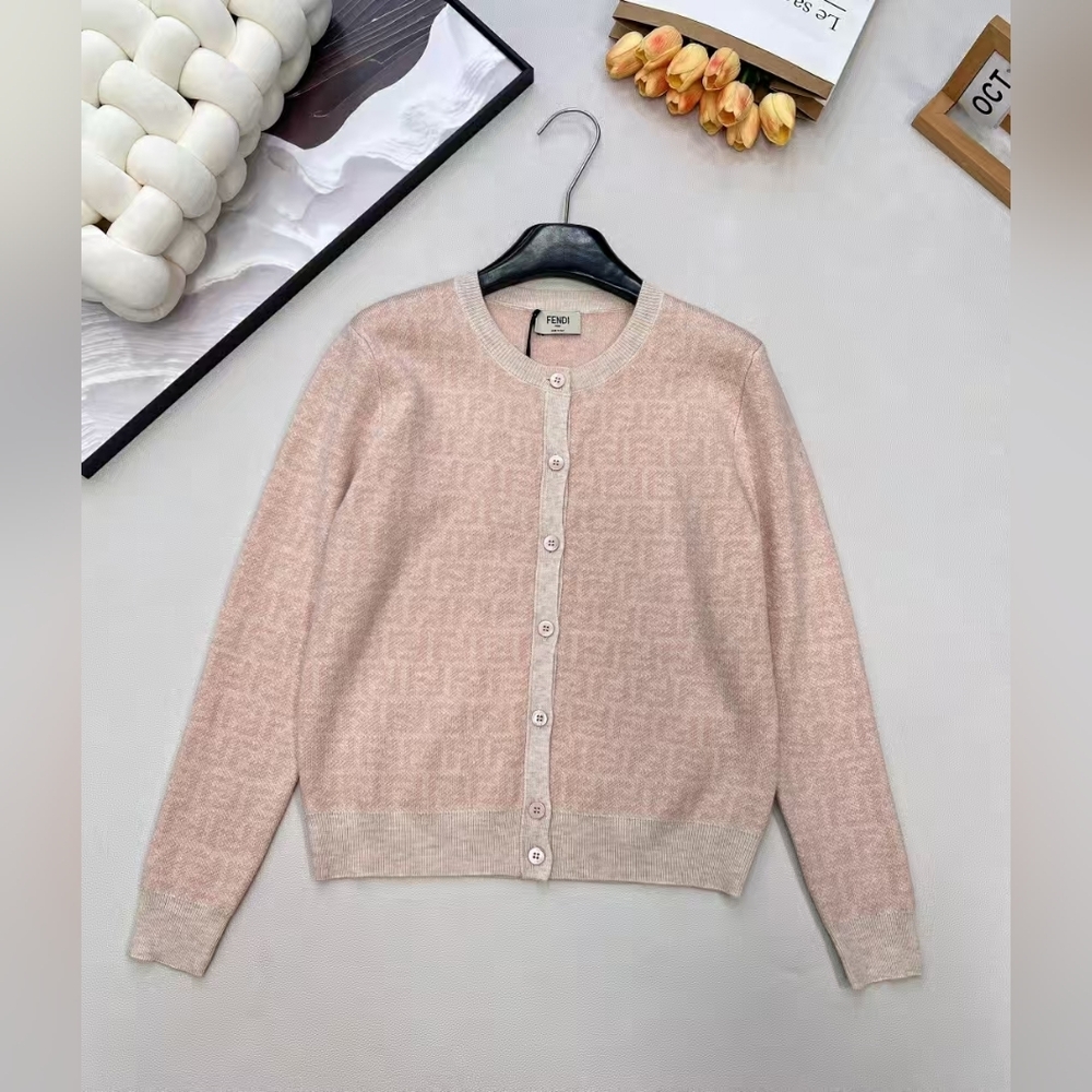 Fendi Pink FF Logo Crew Neck Knit Cardigan